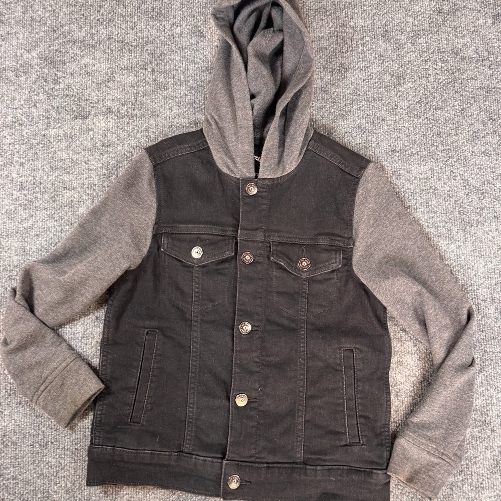Art Class Boys Small 6 7 Black Denim Jacket Gray Knit Hoodie Sleeves Hybrid Coat